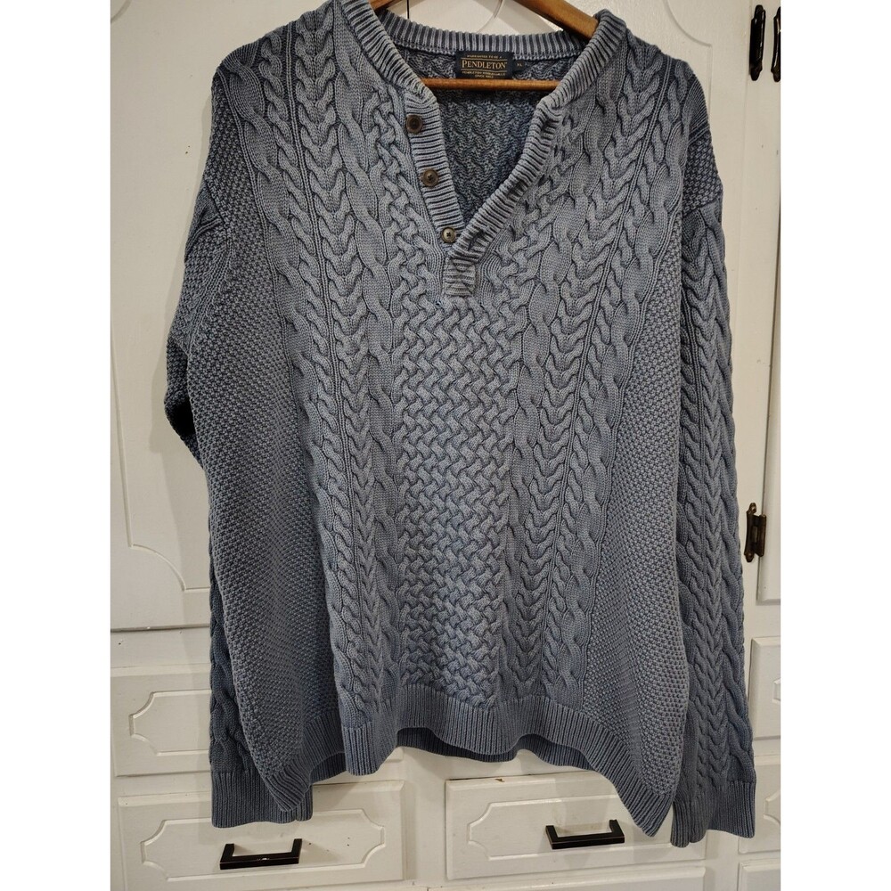 Pendleton XL Blue Cable Knit Sweater Cotton Long Sleeve Classic VTG